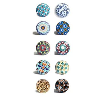 Image of Set of 10 Hand Painted Ceramic knobs in Different Shapes. Handcrafted Handles for cabinets, Drawers, Dressers and Hangers. Classic 40mm Diameter
