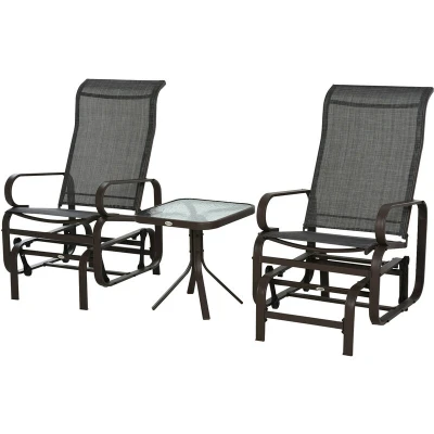 Image of Outsunny 3 Pieces Garden Gliding Chair Set, Metal Frame 2 Single Armchair Swing Seater and 1 Glass Top Coffee Table w/Breath Mesh Fabric Seat, Brown