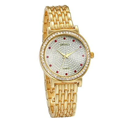 Image of JewelryWe Men Women Watches Stylish Rhinestone Quartz Watch Gold Tone Alloy Business Casual Dress Wristwatches for Fathers Day