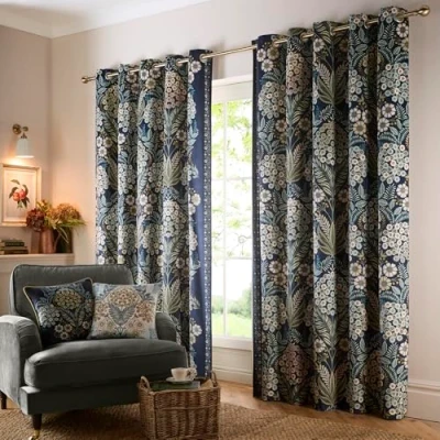 Image of Appletree Navy Blue Botanical Curtains W66 x L54 (168 137cm) Dark Eyelet with Flowers Vintage Floral &amp; Drapes for Bedroom Living Room Door Curtain/Drapes