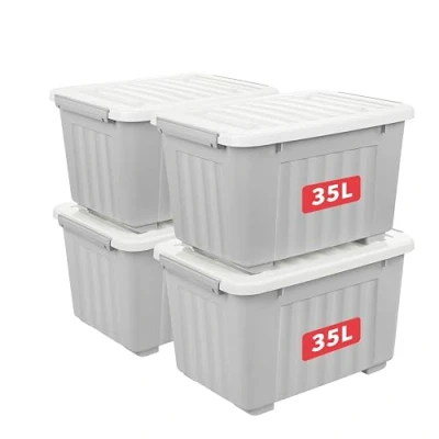 Image of Cetomo 35L*4 Aufbewahrungsboxen mit Deckeln, Kunststoff Aufbewahrungsbox Rollen und Clips, Kunststoffbox für Zuhause Büro, BPA frei, Nestbar, Stapelbar, Grau, 35L 4er Pack