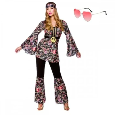Image of Adult Female Peace Lovin&#039; Hippie Costume + Pink Heart Glasses : 60s 70s Hippy Fancy Dress (Large (UK:18 20))