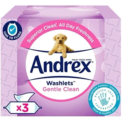 Image of Andrex Gentle Clean Flushable Washlets, Fragrance Free, 3 X 40 wipes