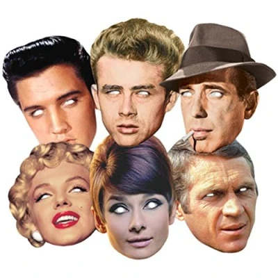 Image of Mask Pack Hollywood Party Face Masks Classic Set of 6 (Audrey Hepburn, Marilyn Monroe, Elvis, Humphrey Bogart, Dean and Steve McQueen) Includes 6X4 (15X10cm) Star Photo