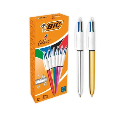 Image of BIC 4 Colours Shine Retractable Ballpoint Pens, Medium Point (1.0 mm) Assorted Metallic Barrels, Box of 12