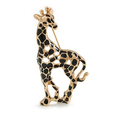 Image of Avalaya Gold Tone Black Enamel Giraffe Brooch 50mm Tall