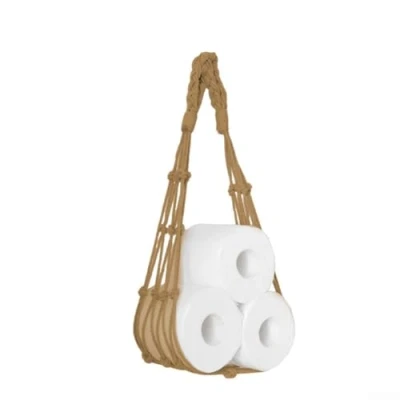 Image of Rope Toilet Roll Holder, Hang Cotton Paper Holder Mesh Storage Bag Wall Mount Tissue Towel Rack for Bathroom Decor(Brown)