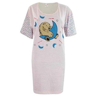 Image of True Face Ladies Nightdress Night Shirt Dress Womens Nighties Nightshirt Pyjamas Cotton (One Size, Moon Light Pink)