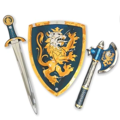 Image of Liontouch Noble Knight Toy Sword, Shield &amp; Axe, Blue Medieval Pretend Play Set in Foam For Children With Golden Lion Theme Safe Weapons Combat Accessories Dress Up Costumes Boys