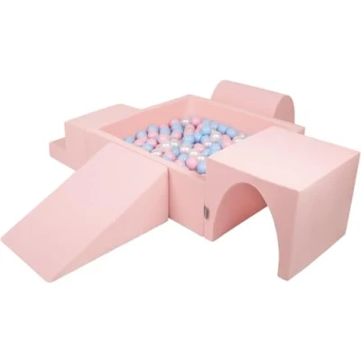 Image of KiddyMoon Foam Playground For Kids With Square Ballpit (300 Balls ∅ 7Cm/2.75In) Soft Obstacles Course And Ball Pool Made In EU, Pink:Babyblue/Powder Pink/Pearl