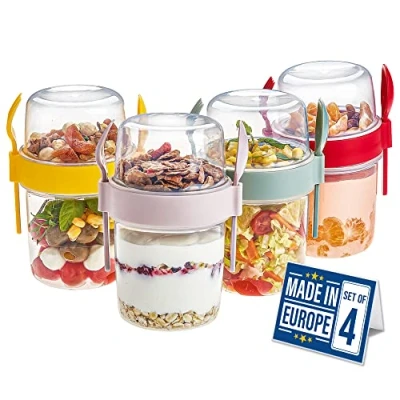 Image of CRYSTALIA Take and Go Yogurt Pot Set 4 BPA Free With Spoon &amp; Fork, Overnight Oats, Dishwasher Safe, Breakfast to Muesli, Fruit Salad Cups Lids Porridge Jar/Container