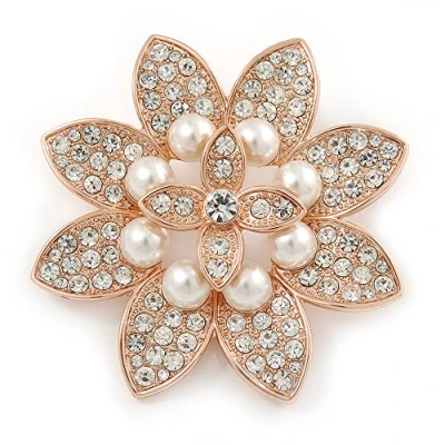 Image of Avalaya Bridal Crystal, Glass Pearl Flower Brooch in Rose Gold Tone 55mm D