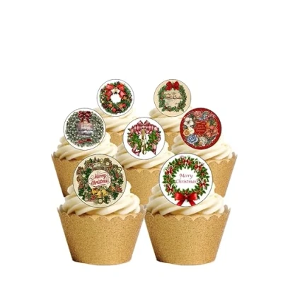 Image of 24 Precut Round Vintage Christmas Wreath Edible Wafer paper Cake Cupcake Toppers