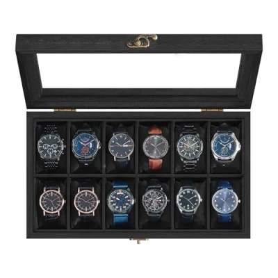 Image of SONGMICS Watch Box with 12 Slots, Case, Solid Wood Organiser Glass Lid, Display Removable Pillows, Gift Idea, Ink Black JOW120B02