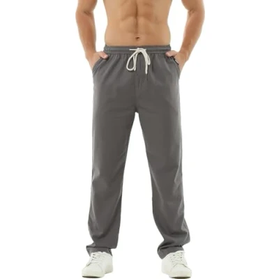 Image of HOEREV Men Casual Beach Trousers linen jean jacket Pants X Large Dark grey