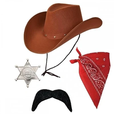 Image of Adult Texan Cowboy Brown Hat + Red Bandana Silver Sheriff Badge Moustache : Mens Wild West Western Fancy Dress Accessory Set
