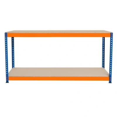 Image of Garage Workbench S Rax 2 Shelf 180cm x 45cm 90cm Workstation Heavy Duty Steel Chipboard 300kg Capacity Per Adjustable Layout Boltless Assembly Rubber Feet 3 Reinforced Support Bars Warehouse