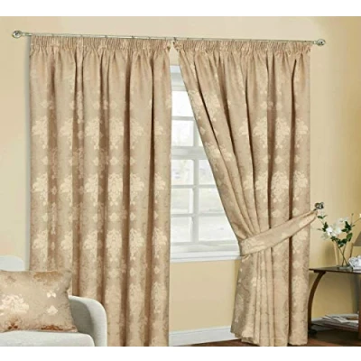 Image of Householdfurnishing Redy Made Luxury Jacquard Fully Lined Curtain Pair Pencil Pleat With Free Tie Backs (Gold Curtain, 66&quot; x L 90&quot;)
