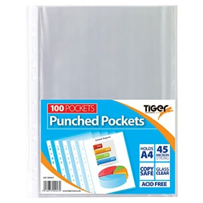 Image of Tiger A4 strong transparent poly punched pockets x 200 sleeves/wallets