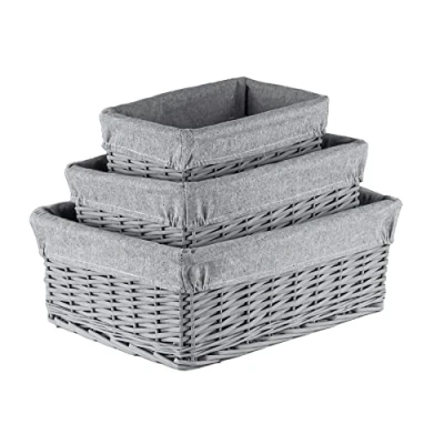 Image of Innoteck Essentials Set of 3 Wicker Storage Baskets with Lining Decorative Kitchen Bathroom Hamper Portable Basket Washable Cloth Liners Ideal for Home/Office &amp; Gifts (Grey)