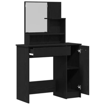 Image of vidaXL Black Oak Dressing Table with Mirror Elegant Solid Engineered Wood Makeup Vanity &amp; Desk for Bedroom Storage