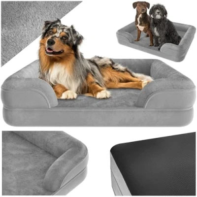 Image of TecTake® Orthopaedic Dog Bed with Extra Thick Foam Padding, Comfortable Raised Edge, Waterproof Layer, Removable &amp; Washable Plush Cover Non Slip Base 94x72x18cm Ergonomic Cat Grey