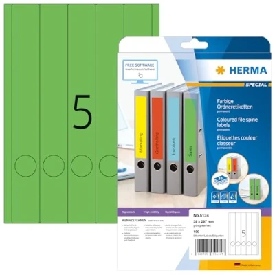 Image of HERMA Self Adhesive Spine Labels, 5 Labels per A4 Sheet, 20 Sheets, 38 x 297 mm, 100 Blank Lever Arch File Folder Stickers, Sticky for Laser &amp; Inkjet Printer, Green