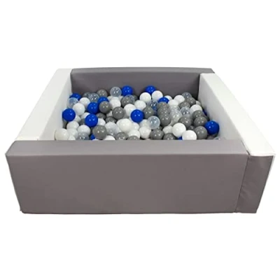 Image of Velinda Soft play ball pit, home indoor, outdoor, pit + 300 balls (Ball pit/balls colour: white, grey/white, transparent, blue, grey)