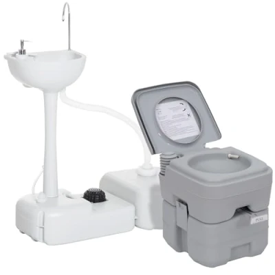 Image of Outsunny Portable Toilet and Camping Sink Set with Running Fresh Water Waste Tank, Wastewater Recycled Push button, Foot Pump, Wheels, Soap Dispenser for Outdoor Events