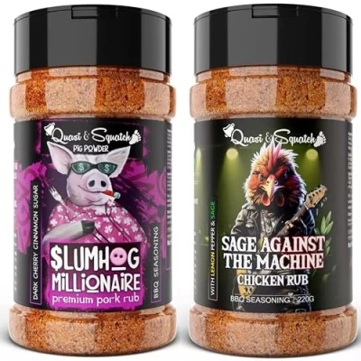 Image of BBQ Rub TWIN PACK by Quasi &amp; Squatch SlumHog Millionaire (Pork Rub) Sage Against The Machine (Chicken X2 Seasoning Two Large Bottles for Barbecue = 440g