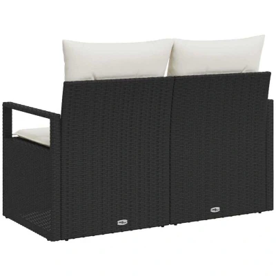 Image of vidaXL 2 Seater Garden Sofa with Storage&amp;Cushions Black Poly Rattan