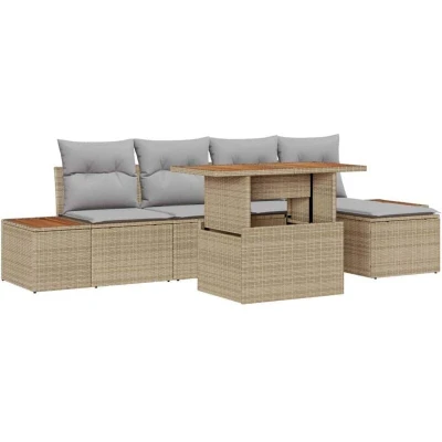 Image of vidaXL 6 Piece Garden Dining Set with Cushions Beige Poly Rattan Acacia