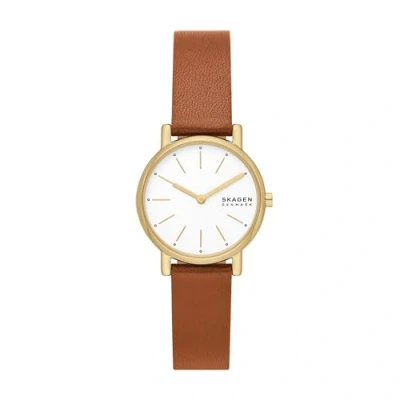 Image of Skagen Women&#039;s Signatur Lille Two Hand Gold Tone Stainless Steel and Brown Leather Band Watch (Model: SKW3121)