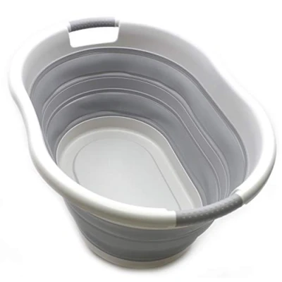 Image of SAMMART 36L Collapsible Plastic Laundry Basket Oval Tub/Basket Foldable Storage Container/Organizer Portable Washing Tub Space Saving Hamper, Water Capacity: 28L (Grey/Grey, 1)
