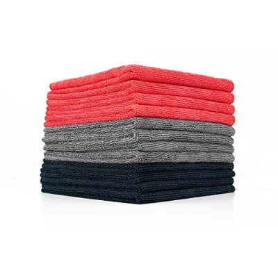 Image of The Rag Company All Purpose Microfiber Terry Cleaning Towels Commercial Grade, Highly Absorbent, Lint Free, Streak Kitchens, Bathrooms, 300gsm, 16in x 16in, Red + Grey Black (12 Pack)