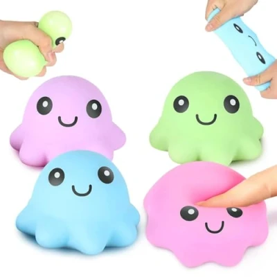 Image of 4 Pack Squishy Stress Balls for Kids, Octopus Soft Fidget Water Beads, Anxiety Relief Squeeze Toy Adults, ADHD, OCD, Sensory Autism, Colors