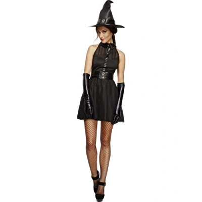 Image of Smiffys Fever Bewitching Vixen Costume, Black with Dress, Attached Underskirt, Belt and Hat, Fancy Witch Dress Up Costumes