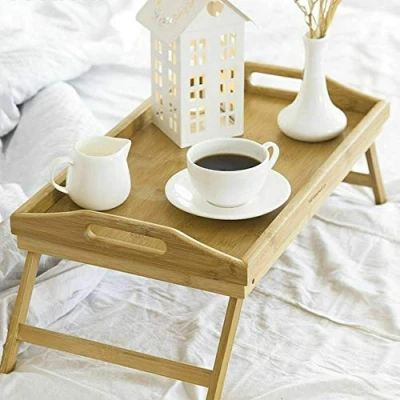 Image of Fairtrade Bamboo Wooden Bed Tray With Folding Leg Serving Breakfast Lap Table Mate UK