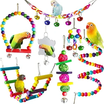 Image of 7 Pcs Bird Budgie Toys, ESRISE Hanging Bell Pet Cage Hammock Swing Climbing Ladders Toy Wooden Perch Mirror Chewing for Conures, Love Birds, Small Parakeets, Cockatiels, Parrot (Muliti B)