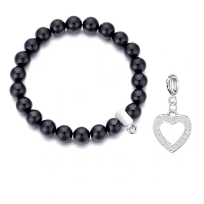 Image of Philip Jones Black Onyx Gemstone Bracelet with Open Heart Charm Created Zircondia® Crystals