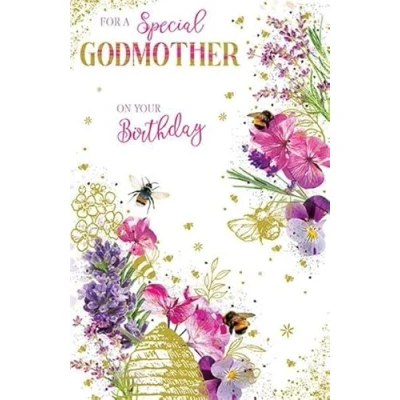 Image of Paper Rose Special Godmother Birthday Card Bees and Flowers with Foil Details Eco Friendly Recyclable