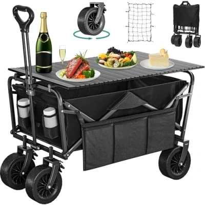 Image of YITAHOME Beach Trolley with Big Universal Wheels, Folding Wagon table 2 Drink Holders, Large Capacity 220 lbs Adjustable Handle Height, Festival for Outdoor Garden Picnics (Blue)