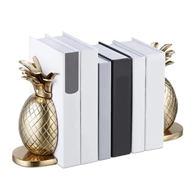 Image of Relaxdays Pineapple Bookends, Set of 2, Metal, H x W D: 21 8 13 cm, Stylish Book Holder for Shelves, Gold
