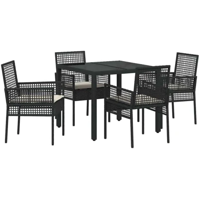 Image of vidaXL 5 Piece Garden Dining Set with Cushions Black Poly Rattan