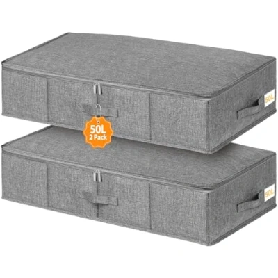 Image of Huquter Underbed Storage Boxes with Lids 50L, 2 Pack Under Bed Side &amp; Bottom Support 3 Handles, Foldable Fabric for Comforters Beddings Blankets, 76x38x17cm