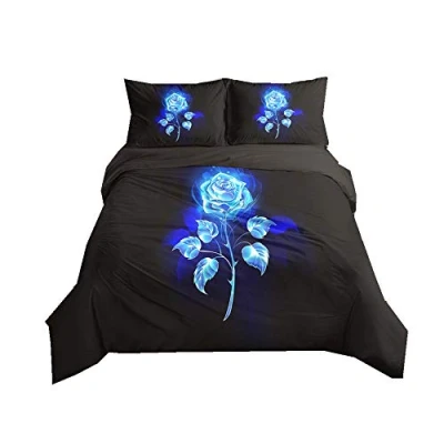 Image of Duvet Cover Set Rose Flower 3D Digital Printing Romantic Floral Bedding Girl Woman Black Blue Gold Red Quilt with Pillowcase, Microfiber (Blue, King)