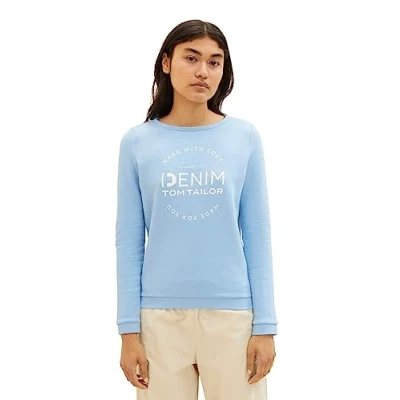 Image of TOM TAILOR Denim Women&#039;s Sweater with Logo Print and Ruffled Sleeves, 11139 Soft Charming Blue, L
