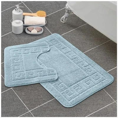 Image of GC GAVENO CAVAILIA Greek Key Pattern Bath Mats 2 Piece Sets Non Slip, Soft Washable Rug Quick Dry Water Absorbent Bathroom Shower Mat &amp; Pedestal Set, Aqua