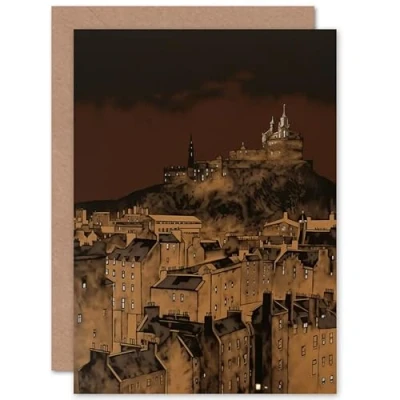 Image of Artery8 Edinburgh Castle Over Old Town Cityscape at Night Travel Birthday Sealed Greeting Card Plus Envelope Blank inside