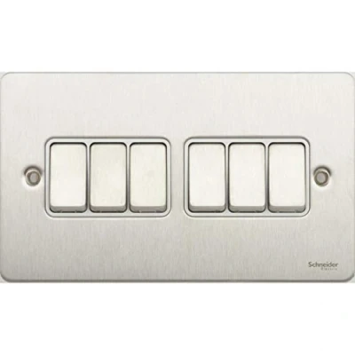 Image of Schneider Electric Ultimate Flat Plate 6 Gang Rocker 2 Way Light Switch, Single Pole, 16AX, GU1262WSS, Stainless Steel with White Insert